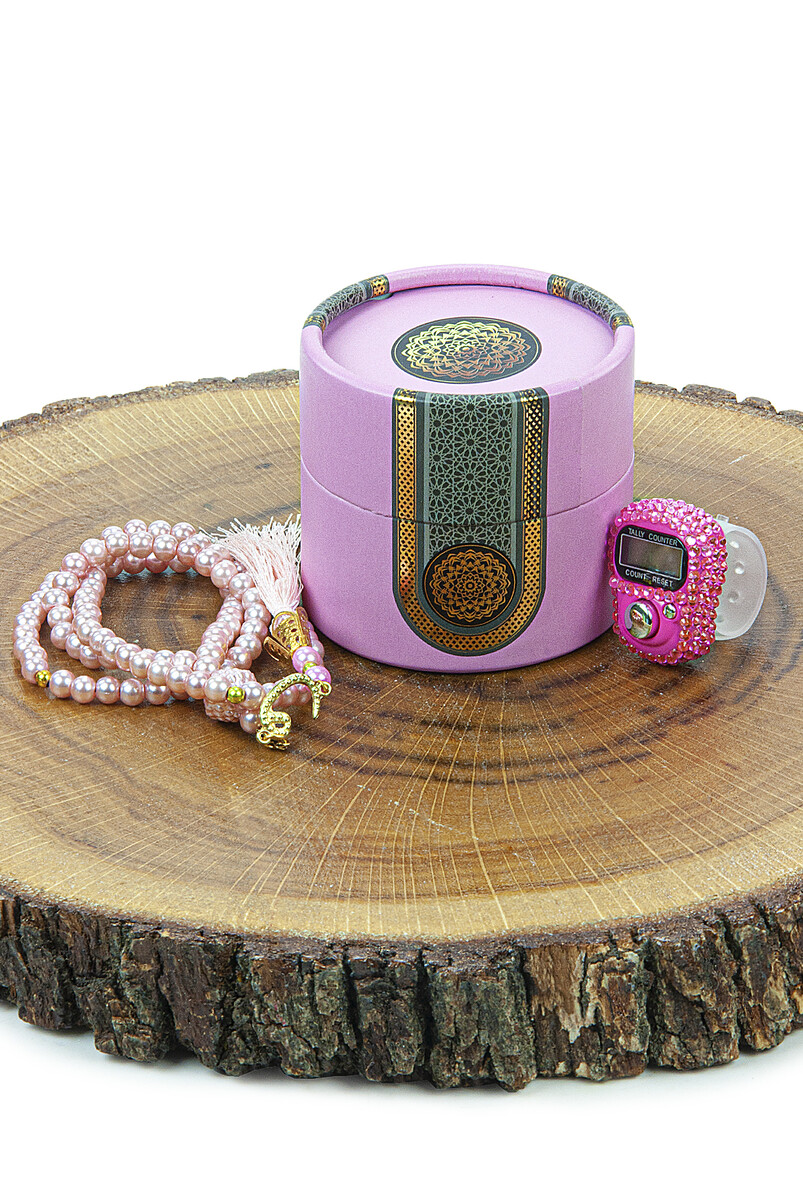 Cylinder Boxed Pearl Rosary and Stone Zikirmatik Mevlüt Gift Set Pink - 2