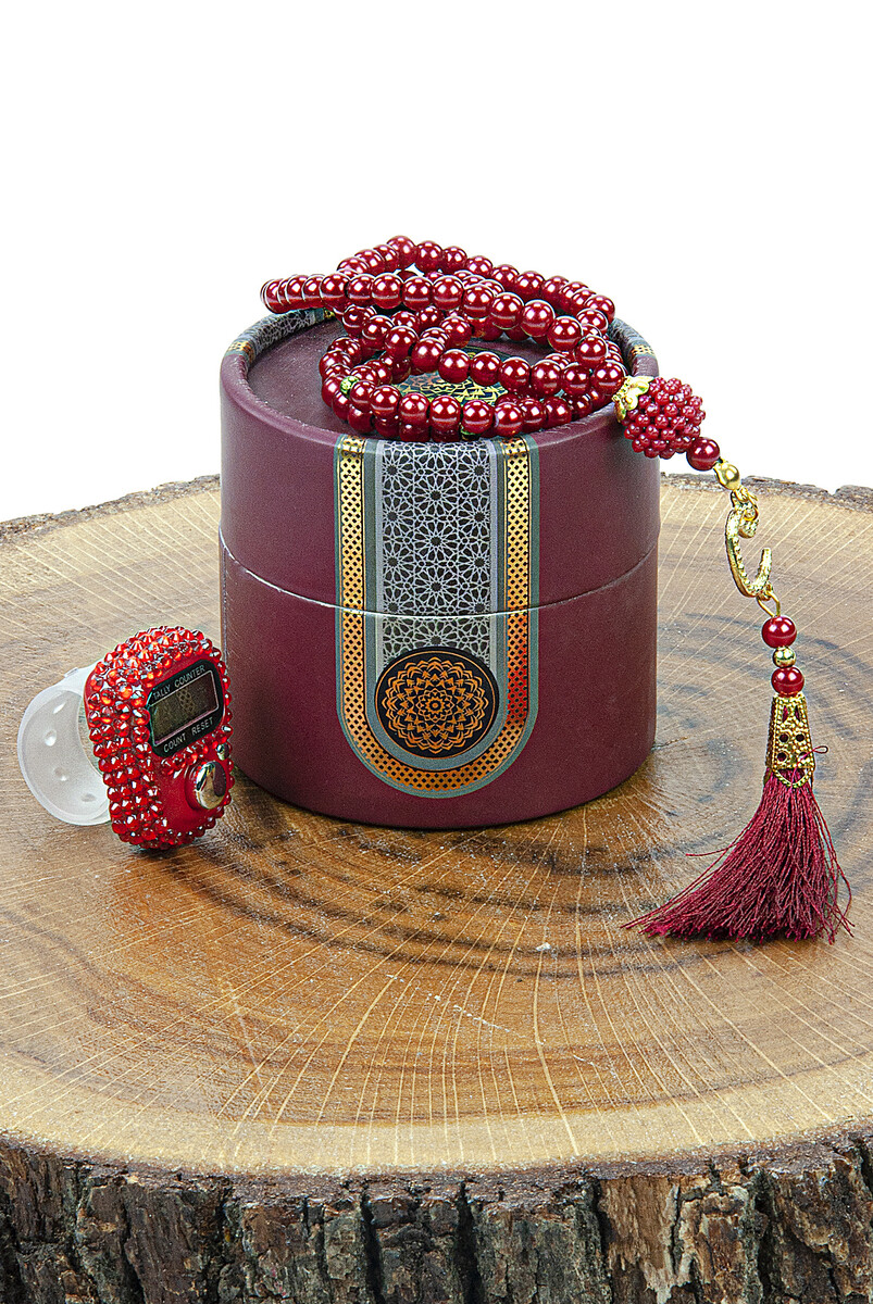 Cylinder Boxed Pearl Rosary and Stones Mevlüt Gift Set Claret Red - 1