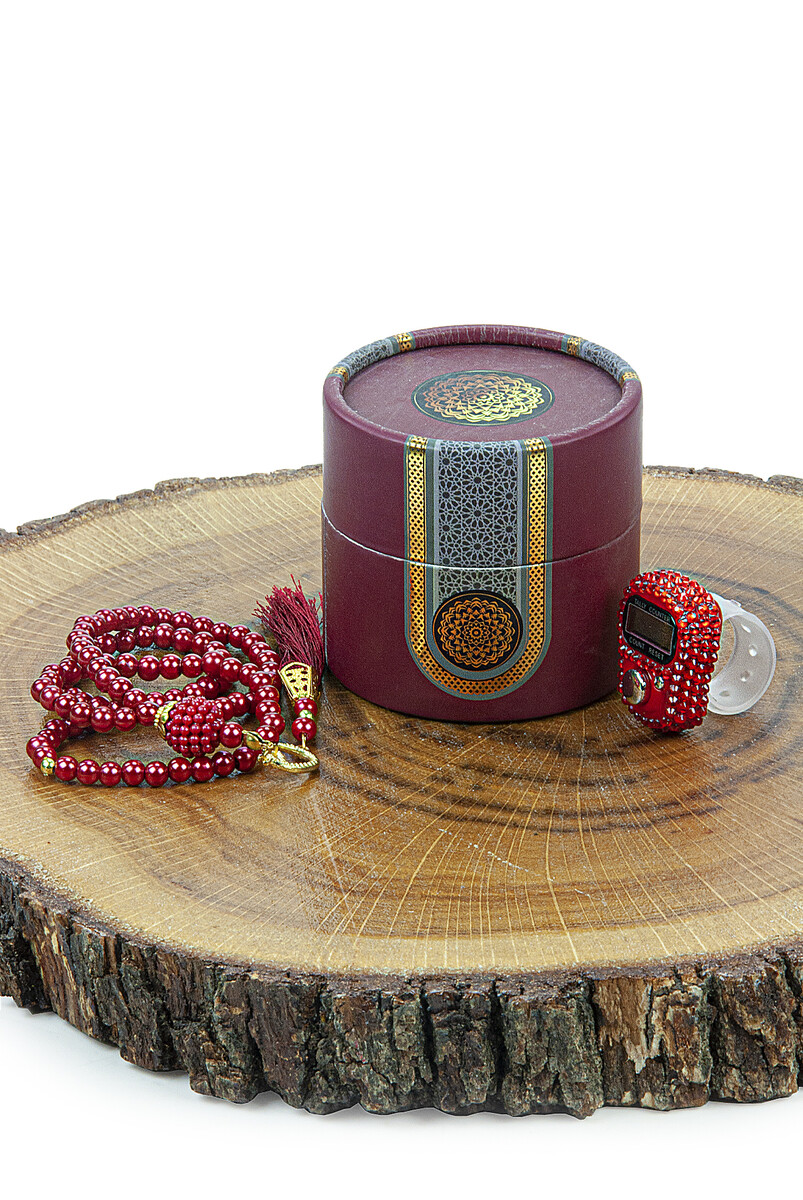 Cylinder Boxed Pearl Rosary and Stones Mevlüt Gift Set Claret Red - 2