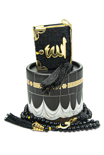 Cylinder Kaaba Mini Velvet Covered Qur'an and Black Pearl Rosary Set - 1