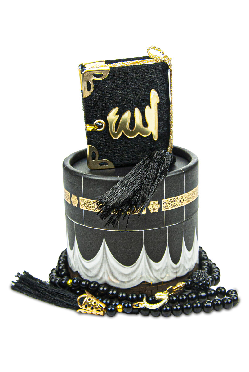 Cylinder Kaaba Mini Velvet Covered Qur'an and Black Pearl Rosary Set - 1