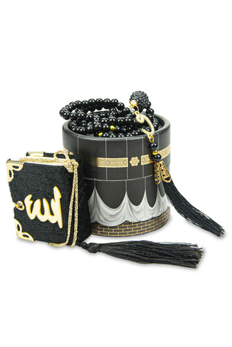 Cylinder Kaaba Mini Velvet Covered Qur'an and Black Pearl Rosary Set - 2