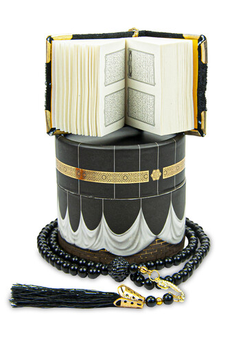 Cylinder Kaaba Mini Velvet Covered Qur'an and Black Pearl Rosary Set - 5