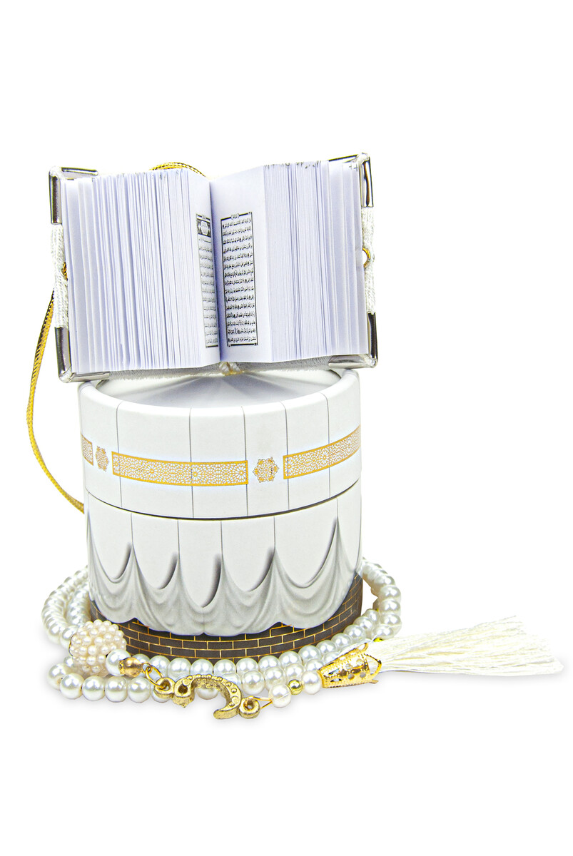 Cylinder Kaaba Mini Velvet Covered Quran White Pearl Rosary Set - 5