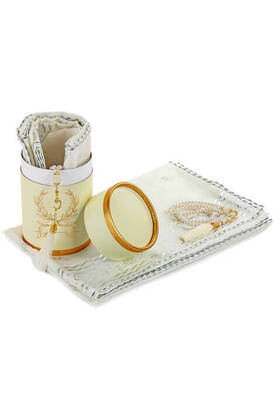 Cylinder BoxEd Mevlid Gift Set - Pearl Rosary - Leaf Cut Fiber Mevlid Covered - Cream Color - 1