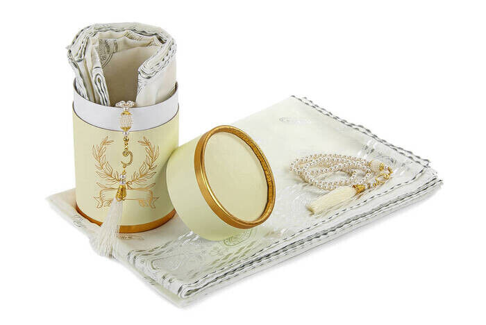 Cylinder BoxEd Mevlid Gift Set - Pearl Rosary - Leaf Cut Fiber Mevlid Covered - Cream Color - 2