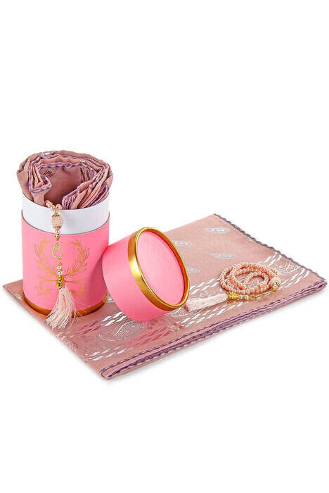 Cylinder BoxEd Mevlid Gift Set - Pearl Rosary - Leaf Cut Fiber Mevlid Covered - Pink Color - 1