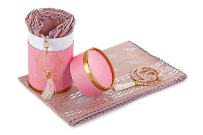 Cylinder BoxEd Mevlid Gift Set - Pearl Rosary - Leaf Cut Fiber Mevlid Covered - Pink Color - 2