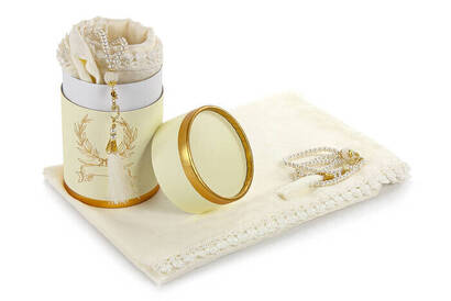 Cylinder Box Mevlid Gift Set - Pearl Rosary - Cotton Patterned Fistula Mevlid Covered - Cream Color - 2