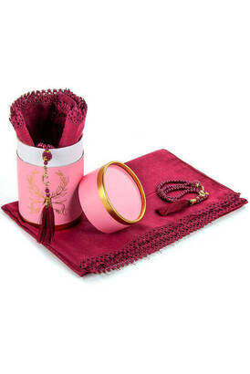 Cylinder Box Mevlid Gift Set - Pearl Rosary - Cotton Patterned Fistula Mevlid Veiled - Red Color - 1