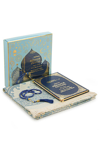 Dark Blue 50 Name Printed Leather Bound Medium Size Yasin Book Prayer Mat Set Mevlit Gift - 1