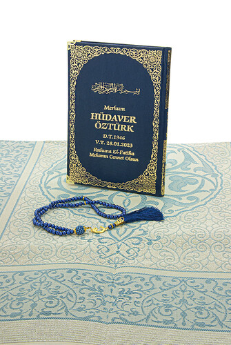 Dark Blue 50 Name Printed Leather Bound Medium Size Yasin Book Prayer Mat Set Mevlit Gift - 4