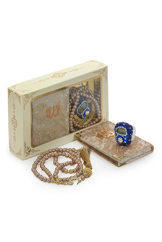 Dark Blue Stone Chanting - Mini Velvet Yasin - Gift Set with Pearl Prayer Beads - Gold Color - 1