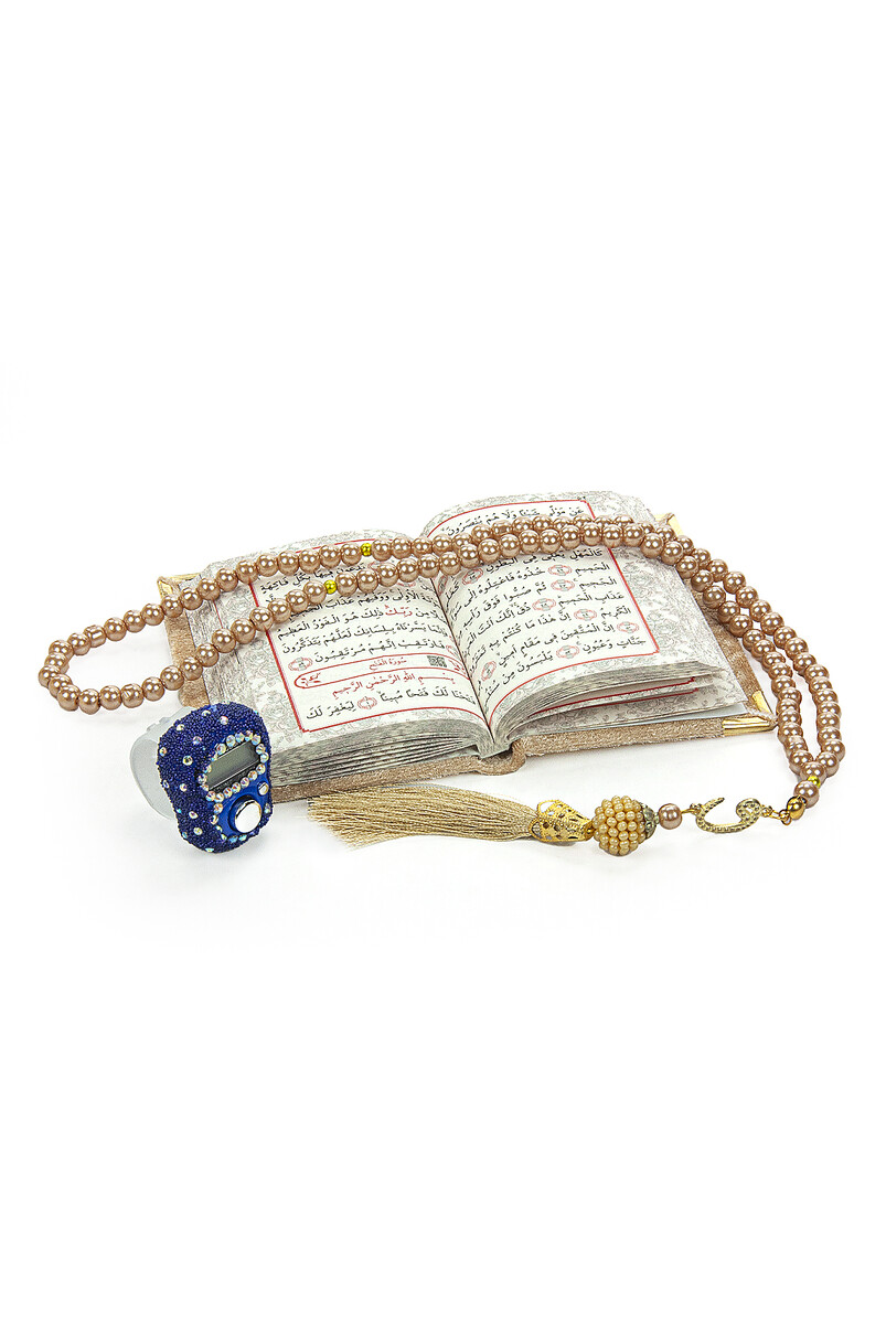 Dark Blue Stone Chanting - Mini Velvet Yasin - Gift Set with Pearl Prayer Beads - Gold Color - 2