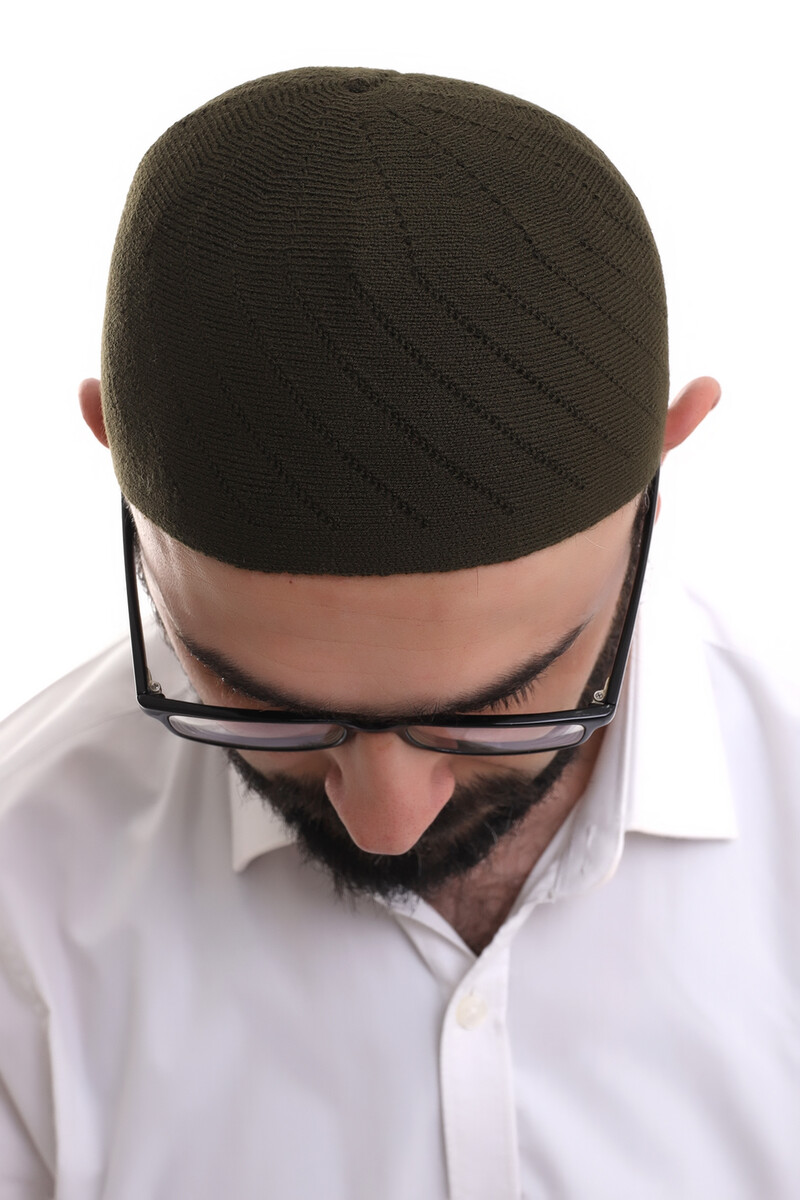 Dark Khaki Winter Cross Patterned Woven Skullcap - 5