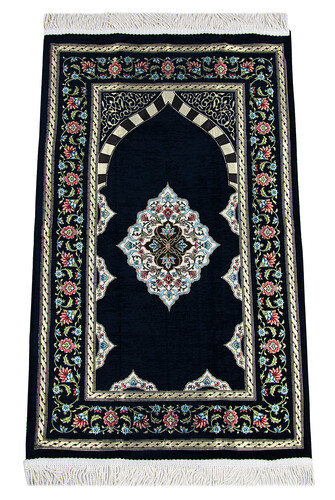 Dark Navy Blue Floral Motifed Lined Chenille Prayer Rug with MihrabDark Navy Blue Flower Motifed Lined Chenille Prayer Rug with Mihrab - 1