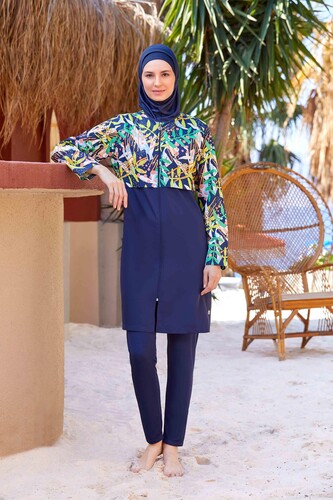 Dark Navy Full-Coverage Hijab Swimsuit with Rose Pattern and Water-Repellent Pinafore - 1