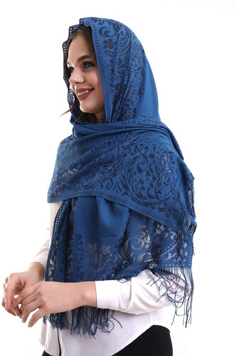 Delicate Cotton Tulle Shawl Navy 60x160 - 5