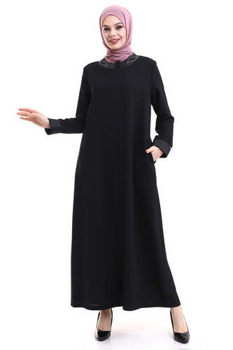 Derin Store Collar and Arm Stone Veiling Abaya 23300-23 Black - 2