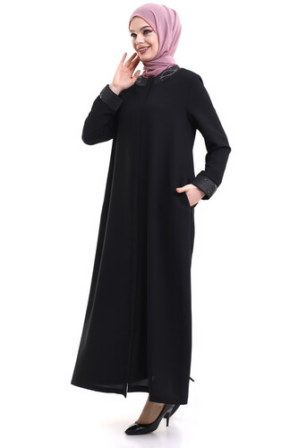 Derin Store Collar and Arm Stone Veiling Abaya 23300-23 Black - 3