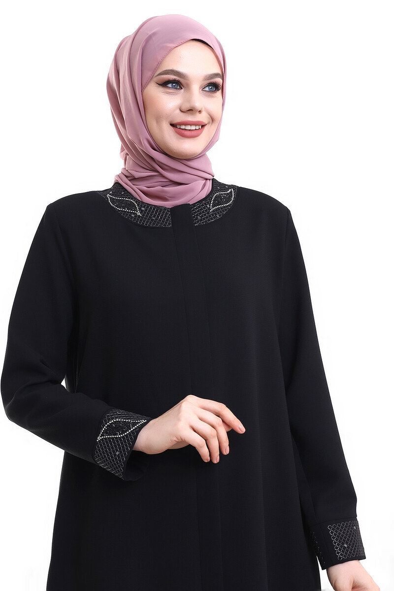 Derin Store Collar and Arm Stone Veiling Abaya 23300-23 Black - 4