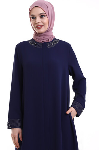 Derin Store Collar and Arm Stone Veiling Abaya 23300-23 İndigo - 4