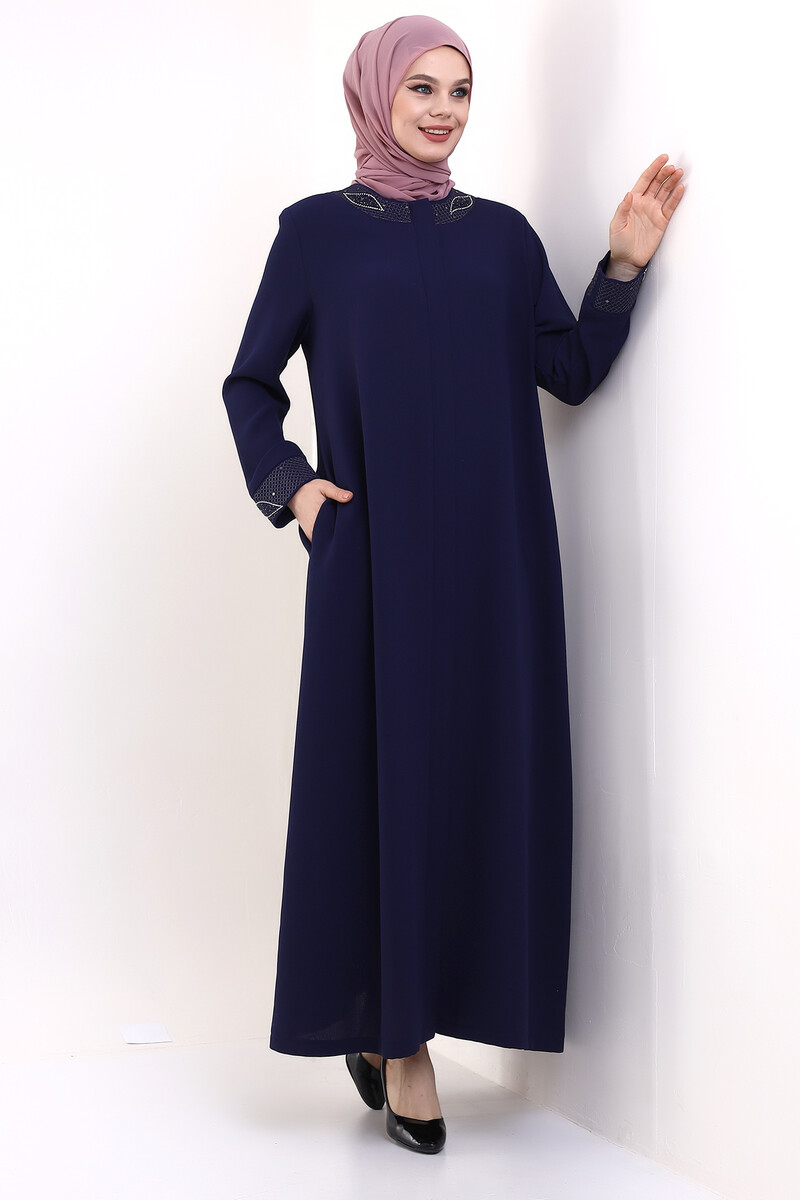 Derin Store Collar and Arm Stone Veiling Abaya 23300-23 İndigo - 5