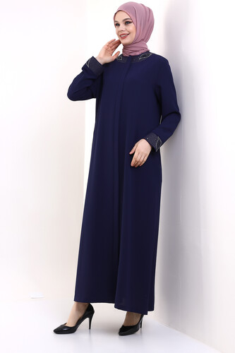 Derin Store Collar and Arm Stone Veiling Abaya 23300-23 İndigo - 6