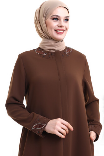 Derin Store Collar and Arm Stone Veiling Abaya 23300-23 Toprak - 2