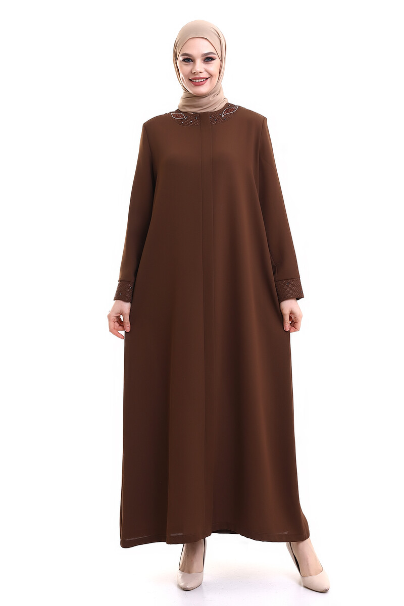 Derin Store Collar and Arm Stone Veiling Abaya 23300-23 Toprak - 4