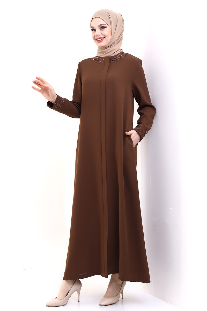 Derin Store Collar and Arm Stone Veiling Abaya 23300-23 Toprak - 5