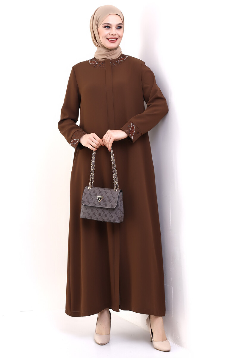 Derin Store Collar and Arm Stone Veiling Abaya 23300-23 Toprak - 6