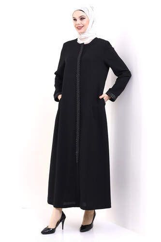 Derin Store Zipper Arm Stone Abaya 23302-23 Black - 3