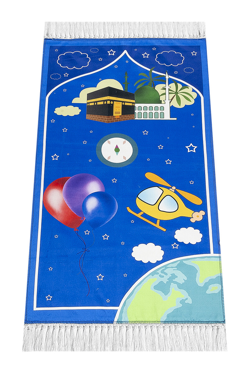 Digital Printed Children's Prayer Rug - Navy Blue Color with Balloon Kabel - 44 X 78 cm - 1