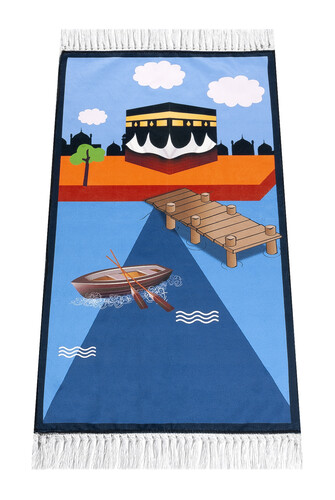 Digital Printed Children's Prayer Rug - With Boat Kabel Blue Color - 44 X 78 cm - 1