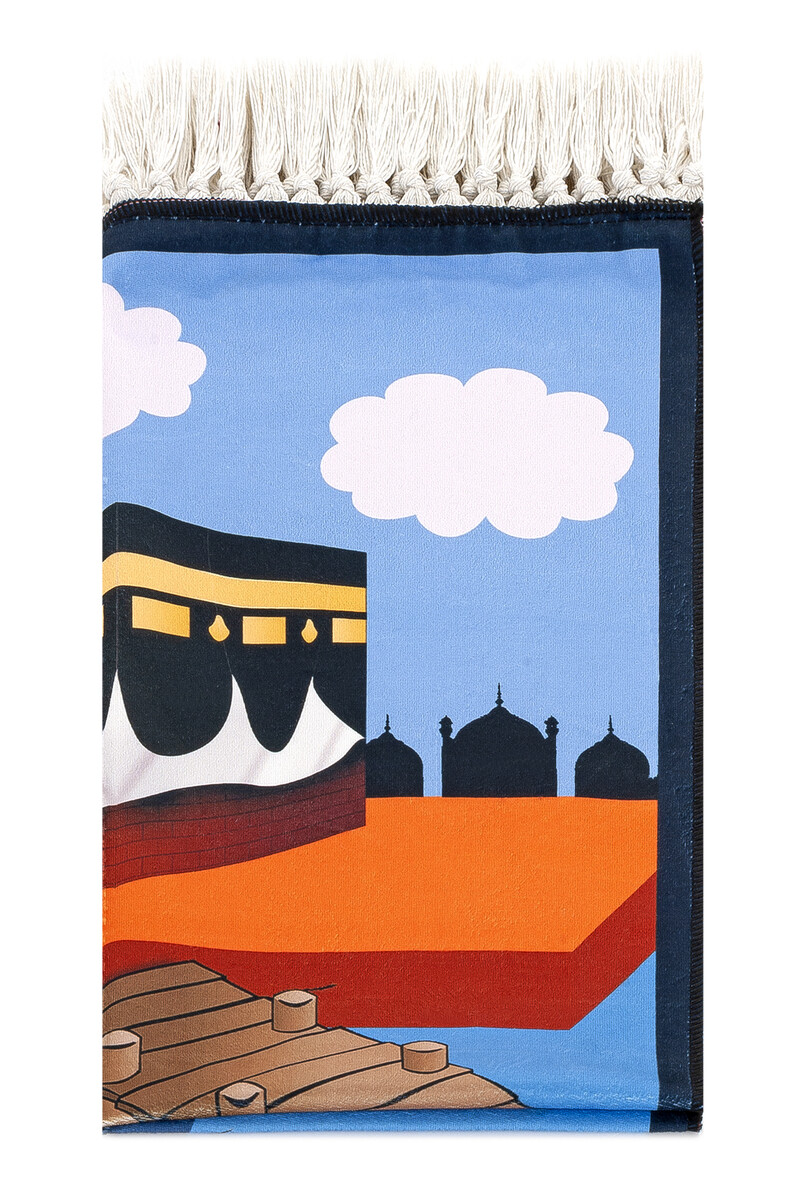 Digital Printed Children's Prayer Rug - With Boat Kabel Blue Color - 44 X 78 cm - 2