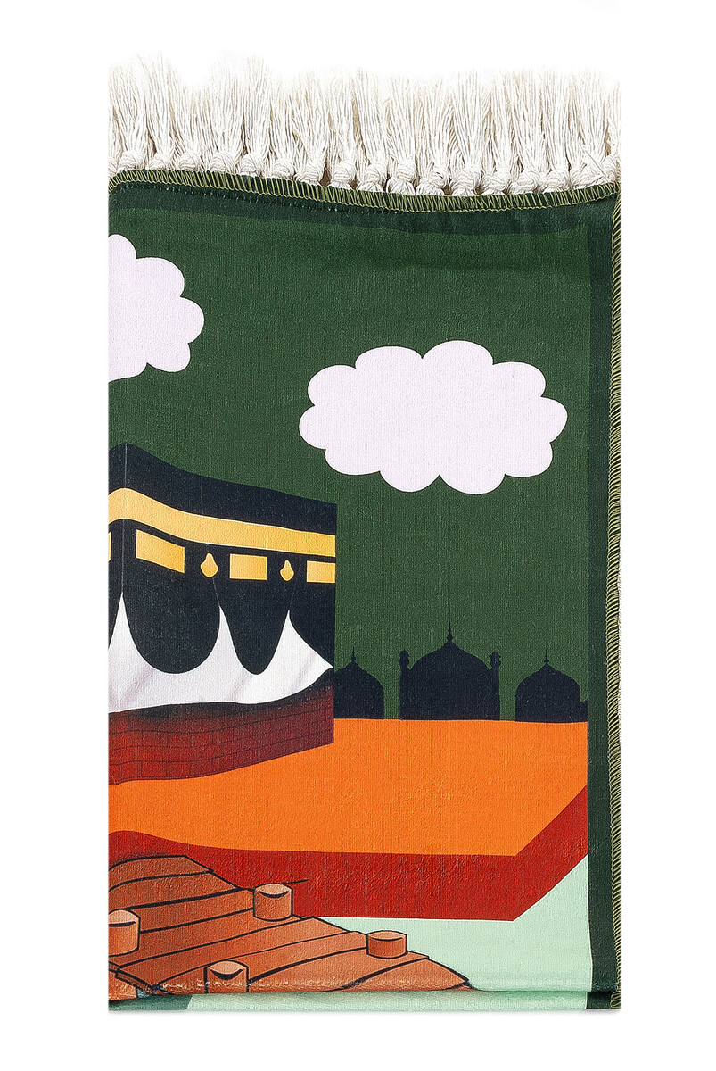 Digital Printed Children's Prayer Rug - With Boat Kabel Green Color - 44 X 78 cm - 2