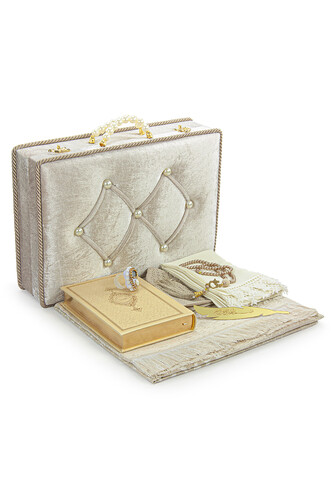 Dowry Prayer Rug Set With Box Suitable For Groom Bride Pack Gift Shawl Quran Set Cream - 1