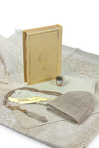 Dowry Prayer Rug Set With Box Suitable For Groom Bride Pack Gift Shawl Quran Set Cream - 5