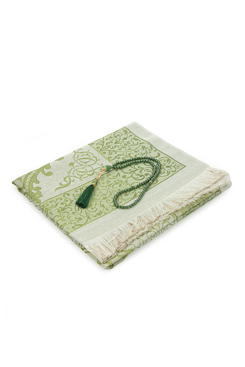 Dowry Prayer Rug Set with Pearl Prayer Beads and Gift Box Suitable for the Bride and Groom's Package Green - 2