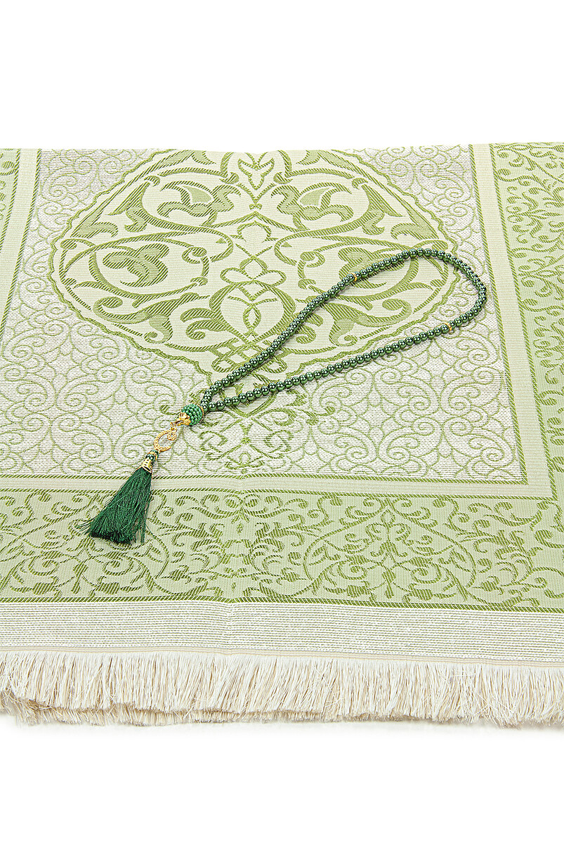 Dowry Prayer Rug Set with Pearl Prayer Beads and Gift Box Suitable for the Bride and Groom's Package Green - 4