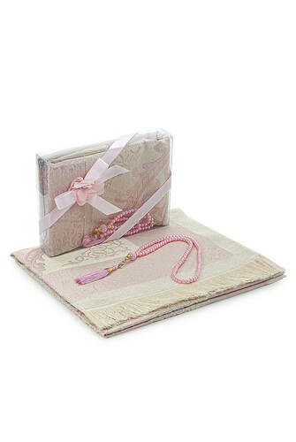 Dowry Prayer Rug Set with Pearl Prayer Beads and Gift Box Suitable for the Bride and Groom's Package, Pink - 1