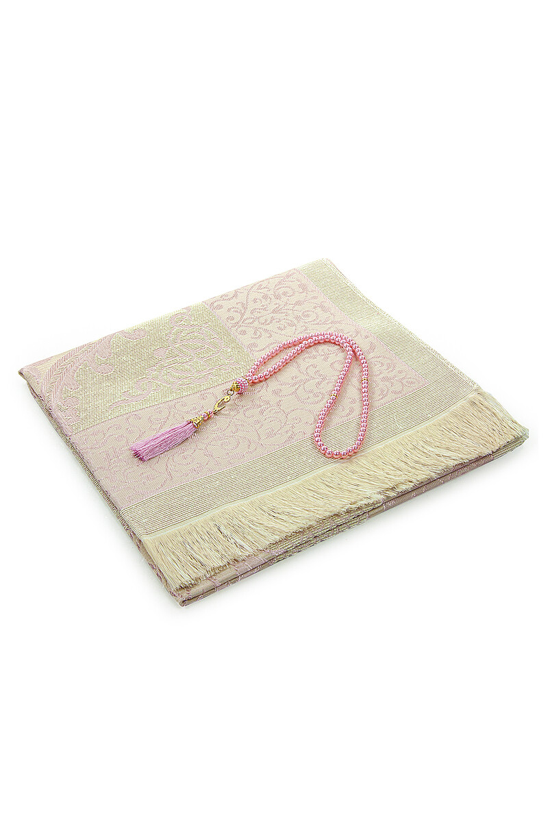 Dowry Prayer Rug Set with Pearl Prayer Beads and Gift Box Suitable for the Bride and Groom's Package, Pink - 2