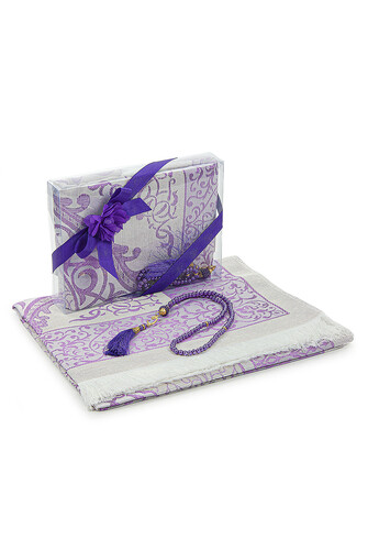 Dowry Prayer Rug Set with Pearl Prayer Beads and Gift Box Suitable for the Bride and Groom's Package, Purple - 1