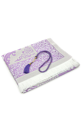 Dowry Prayer Rug Set with Pearl Prayer Beads and Gift Box Suitable for the Bride and Groom's Package, Purple - 2