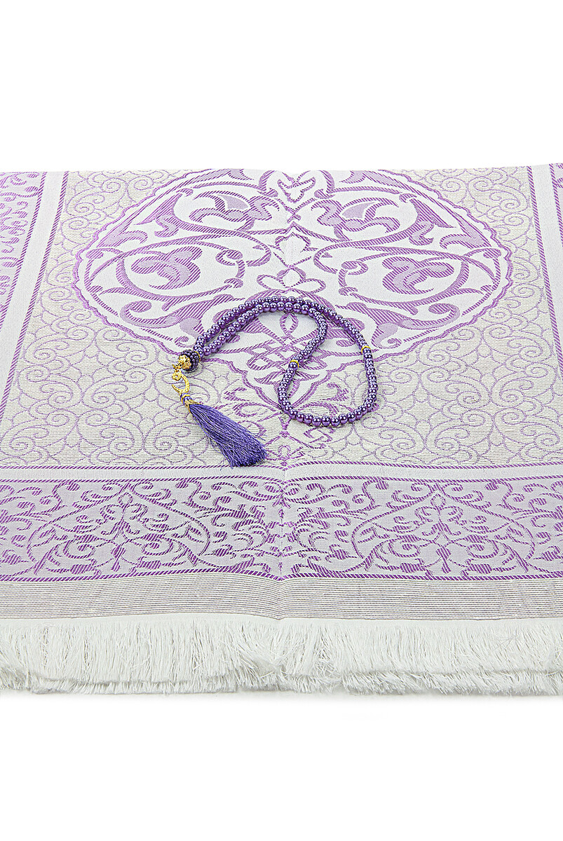 Dowry Prayer Rug Set with Pearl Prayer Beads and Gift Box Suitable for the Bride and Groom's Package, Purple - 4