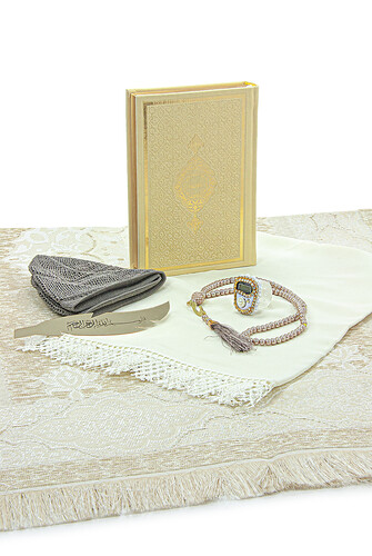 Dowry Prayer Rug Set with Storage Box, Suitable for Groom and Bride Bundle, Gift Shawl Quran Set Gold - 5