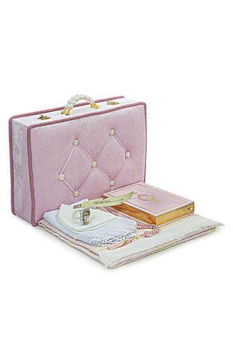 Dowry Prayer Rug Set with Storage Box, Suitable for Groom and Bride Bundle, Gift Shawl Quran Set Pink - 1