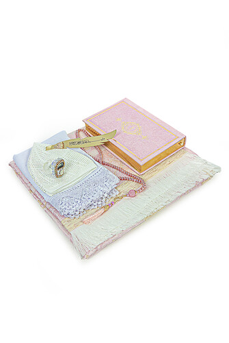 Dowry Prayer Rug Set with Storage Box, Suitable for Groom and Bride Bundle, Gift Shawl Quran Set Pink - 3