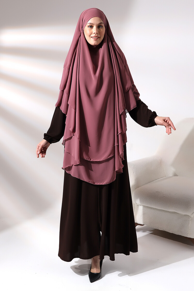 Dusty Rose Three Layer Veiled Long Chiffon Hijab Soufflé Scarf - 1